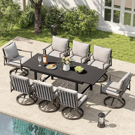HAPPATIO 9-Piece Aluminum Patio Dining Set,Aluminum Outdoor Dining Set with Cushions,8 Swivel Chairs with Expandable Table with Umbrella Hole for Lawn, Garden, Backyard