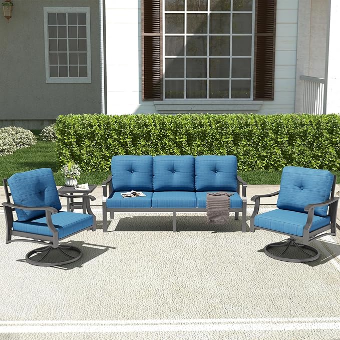 4 Piece Patio Furniture Set, Metal Outdoor Conversation Set w/3-Seat Sofa, 2 Rocking Swivel Chairs, Side Table, Patio Bistro Set w/5" Thickened Cushions for Backyard, Poolside, Blue