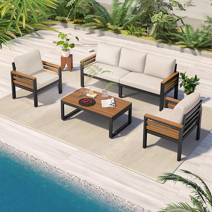 4-Piece Outdoor Furniture Sofa Set for 5 People with Acacia Wood Armrests, Patio Conversation Set with Removable Cushion and Solid Wood Coffee Table for Garden (Beige#46)