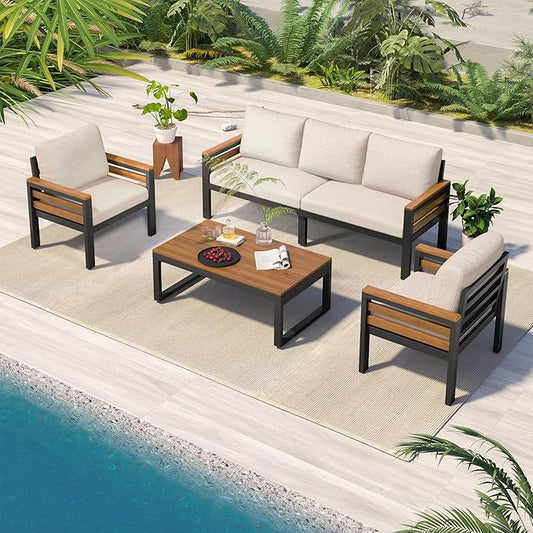 4-Piece Outdoor Furniture Sofa Set for 5 People with Acacia Wood Armrests, Patio Conversation Set with Removable Cushion and Solid Wood Coffee Table for Garden (Beige#46)