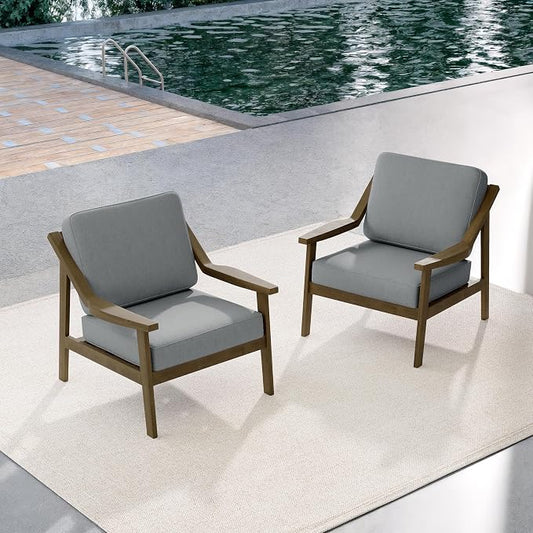 Outdoor Patio Furniture Set, 2 Piece Outdoor Patio Sofa Armchairs with Washable Thick Cushions, All-Weather Solid Wood Patio Bistro Set for Porch, Balcony, Natural Frame & Gray Cushion