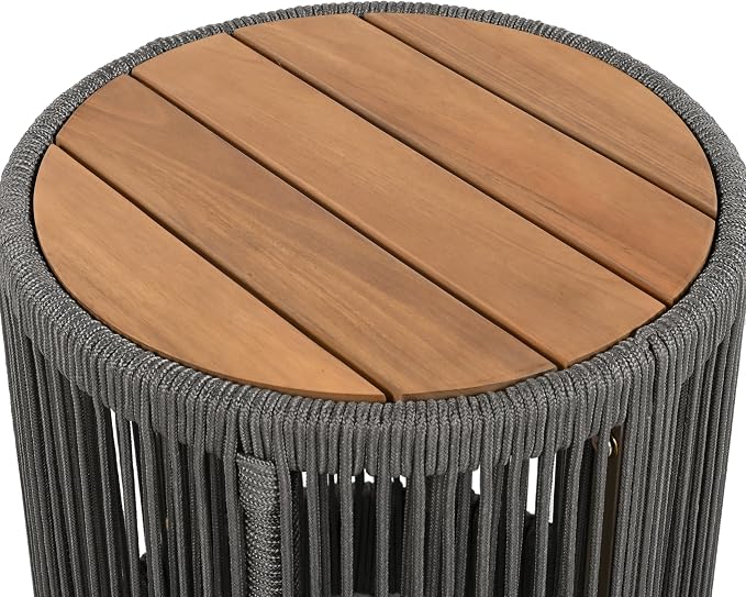 Outdoor Rattan Rope & Acacia Wood Side Table - Patio Balcony Furniture for Garden, Yard, Balcony - Weather Resistant(Rope Grey, Natural Iron)