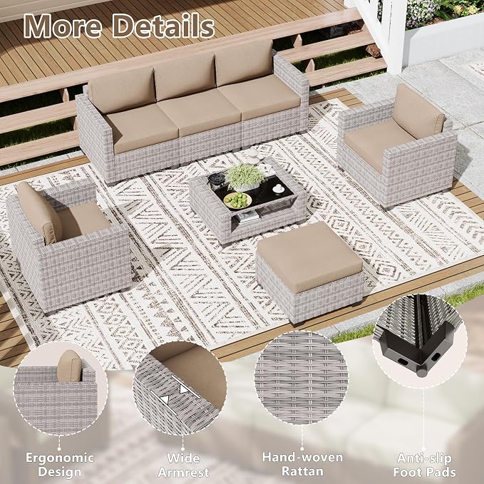LOUVIXA 7 Piece Outdoor Patio Furniture Set, Rattan Chairs Glass Table Wicker Conversation Seating Sectional Sofa with Cushions (Grey White-Camel, 7Pcs-2 Layer Coffee Table)