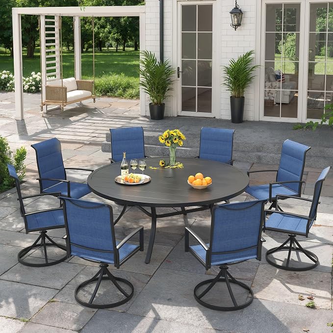 VICLLAX 9 Pieces Outdoor Dining Set, Patio Furniture Set Includes 53" Round Metal Table W/ 1.9" Umbrella Hole and 8 Padded Textilene Swivel Chairs for Porch, Lawn, Garden, Backyard
