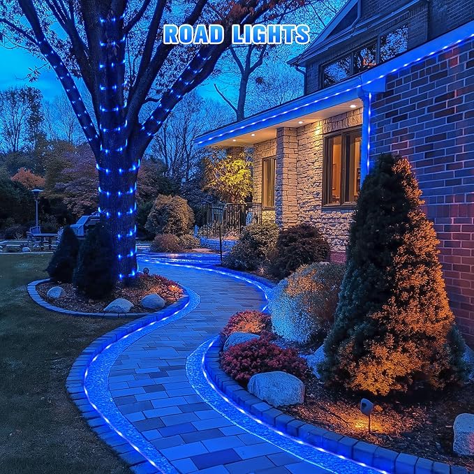 JMEXSUSS 2 * 200 LED Blue Solar Rope Lights for Pool | 66ft IP 65 Waterproof Solar String Light Outdoor, 8 Modes Christmas Lights for Camp Trampoline Ladder Slide Tent