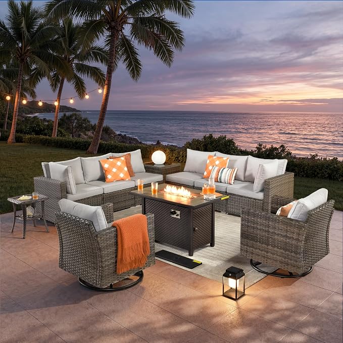 ovios 11 Piece Outdoor Patio Furniture Set with Fire Pit Table,Conversation Sectional Wicker Couch with Swivel Chairs,Modern Outside Sofa for Balcony Backyard, Grey