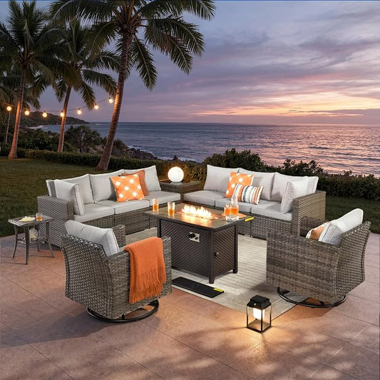ovios 11 Piece Outdoor Patio Furniture Set with Fire Pit Table,Conversation Sectional Wicker Couch with Swivel Chairs,Modern Outside Sofa for Balcony Backyard, Grey