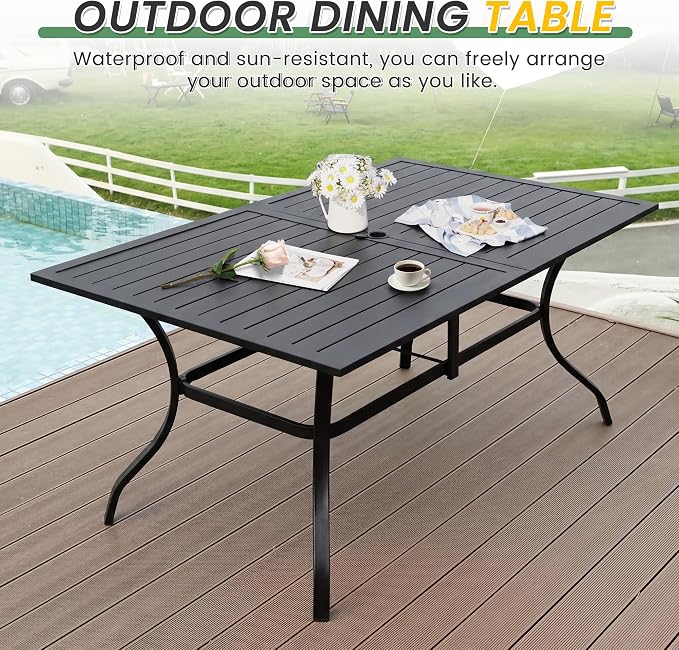 LVUYOYO Outdoor Patio Dining Table, Metal Rectangular Table with Umbrella Hole, All-Weather Furniture for Backyard, Garden,Balcony,Porch (Black)