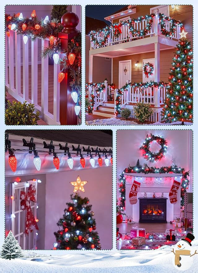 C9 Christmas Lights Outdoor, 102FT 150 LED String Lights with Spring Clips | Waterproof Connectable Commercial Grade Christmas Tree Lights for Outside Roofline Patio Yard Home Xmas Decor, Red|Pure White