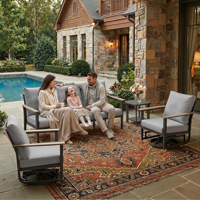 Aluminum Outdoor Patio Furniture Set, 4-Piece Outdoor Sofa with 5.1" Thick Cushions, 2 Swivel Rocking Chairs and 1 Side Table, Outdoor Couch for Backyard, Balcony, Gray