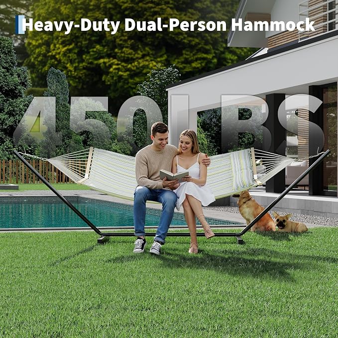 2 Person Outdoor Hammock with Stand, 450LBS Capacity, Heavy Duty Hammock with Carrying Bag & Soft Pillow, Portable Indoor Outdoor Hammock, Perfect for Backyard Patio Beach