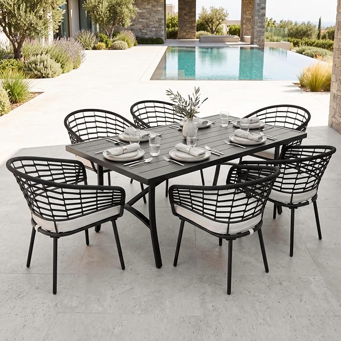 NUU GARDEN 7-Piece Patio Dining Set, Patio Table and Chairs Set Includes Rectangular Patio Table with Umbrella Hole, 6 Woven Rope Chairs with Beige Cushions, Outdoor Furniture Set, Blac