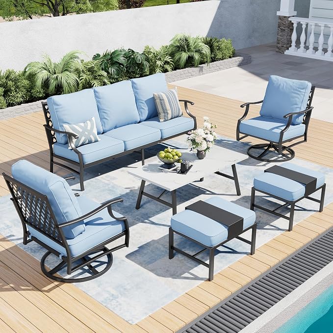 SUNSHINE VALLEY 6 Piece Metal Outdoor Patio Furniture Set, Patio Conversation Sets 1 3-seater Sofa, 2 Swivel Chair, 2 Ottomans with 5.75" Thick Cushion and Coffee Table, Black Backyard Furniture, Blue