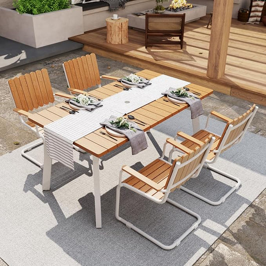 5 Piece Outdoor Conversation Set for 4, HDPE Patio Seating Set with Table and Chairs, All-Weather Outdoor Lounge Furniture with Umbrella Hole for Garden, Porch, Poolside, White & Teak
