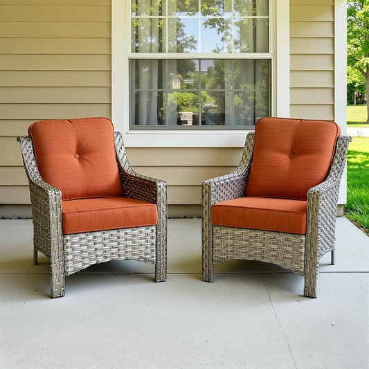 2 Piece Patio Furniture Set, Outdoor Wicker Chairs Set of 2 with Thick Cushion, Heavy Duty High Back Comfortable Chair for Small Balcony Porch Garden, Orange