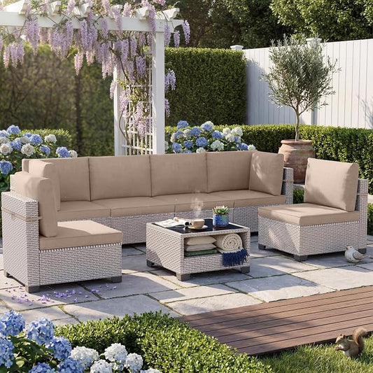 Patio Furniture Set, 7-Piece Outdoor Sectional Sofa with 2-Layer Glass Coffee Table, Wicker Patio Conversation Set with Khaki Cushions for Backyard, Poolside, Porch