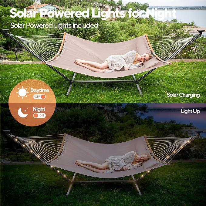 SUNCREAT Hammocks Outdoor 2 Person Hammock with Solar Powered Lights, Double Hammock with 12 ft Stand Included, Tan