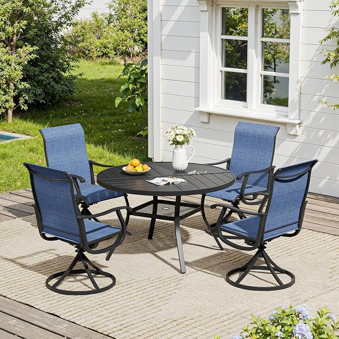 VICLLAX 5 Pieces Patio Dining Set, Patio Furniture Set of 4 Patio Swivel Dining Chairs and 40.6" Patio Spliced Round Tabletop with Storage Shelf, Navy Blue Chairs & Black Tabletop