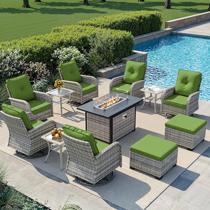 12-Piece Small Patio Furniture Set, Outdoor Swivel Rocking Chairs Set with 55,000 BTU Fire Pit Table Wicker Chairs and Ottomans, Patio Bistro Set for Balcony, Deck, Porch, Grass Green