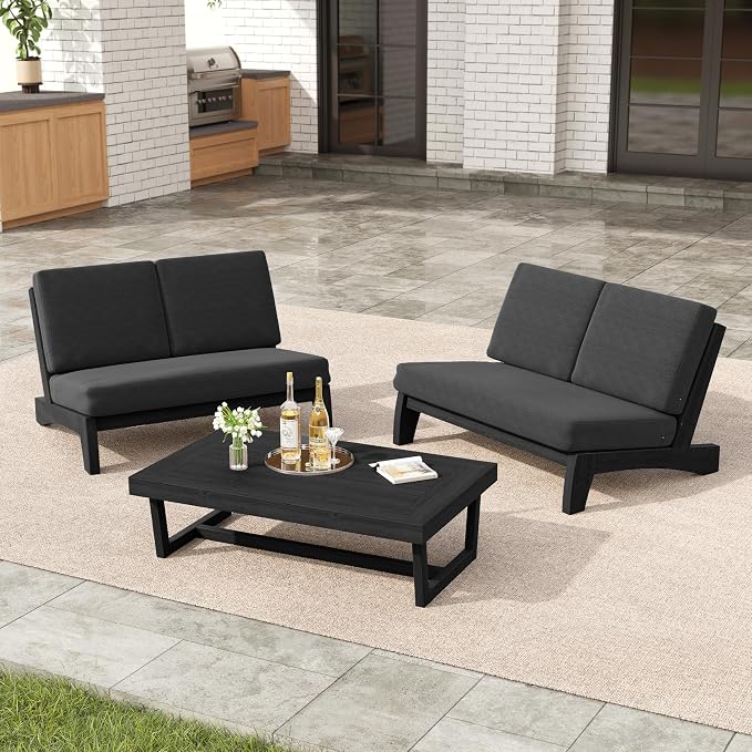 3 Pieces Patio Furniture Sets, All-Weather Outdoor Wood Bistro Set Patio Conversation Coffee Table Chiars and Patio Loveseat for Balcony, Backyard