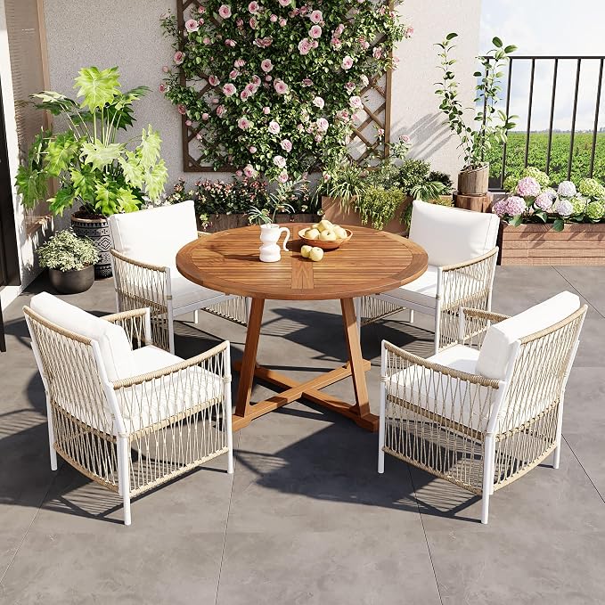 Modern 5-Piece Outdoor Patio Dining Set, All-Weather Acacia Wood Extendable Round Dining Table with 12inch Butterfly Leaf and 4 Rattan Arm Chairs for Backyard, Garden, Poolside