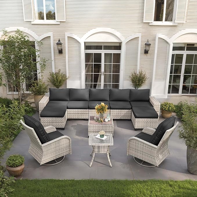 11 PCS Outdoor Patio Furniture Set with Wicker Swivel Rocker Chairs Sectional Sofa Set, Patio Conversation Set with Ottomans & Coffee Table for Garden, Backyard, Poolside, Dark Grey