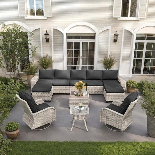 11 PCS Outdoor Patio Furniture Set with Wicker Swivel Rocker Chairs Sectional Sofa Set, Patio Conversation Set with Ottomans & Coffee Table for Garden, Backyard, Poolside, Dark Grey