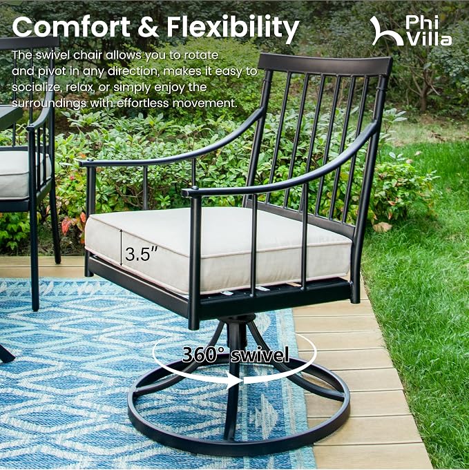 PHI VILLA Patio Dining Set, Swivel Chairs, 42" Round Metal Table | Metal chairs, 1.57" umbrella hole, 360° swivel, Cushions