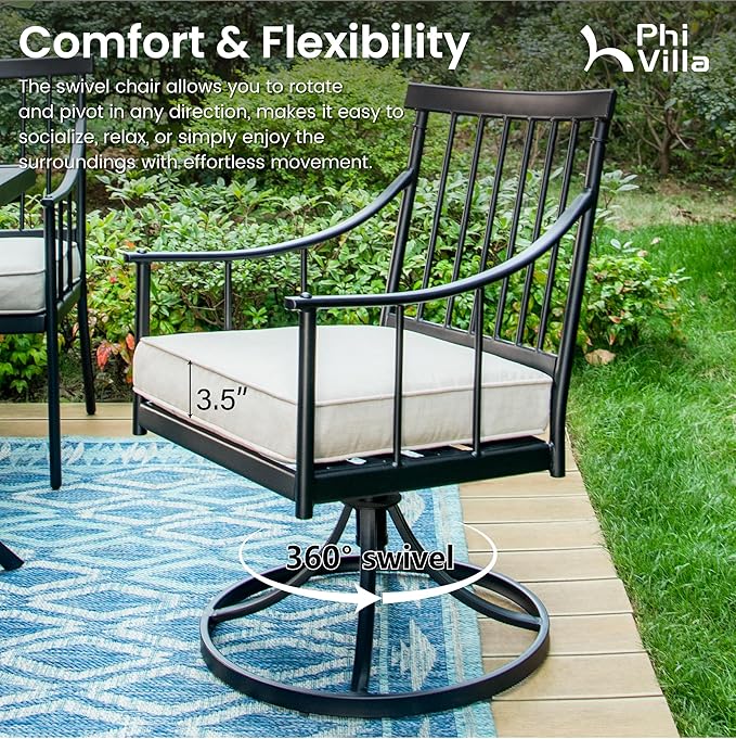 PHI VILLA 7 Piece, Outdoor Dining Set, 65"x39" Table, Umbrella Hole | Metal, Swivel Chairs, Cushions, Weather-Resistant, 360° Swivel, 300 lbs Capacity