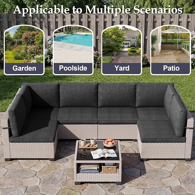 Patio Furniture Set, 7-Piece Outdoor Sectional Sofa with 2-Layer Glass Coffee Table, Wicker Patio Conversation Set with Black Cushions for Backyard, Poolside, Porch