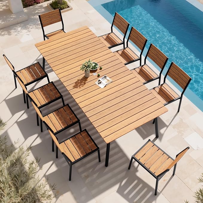 83" Patio Outdoor Dining Table for 6-8, Weather-Resistant Wood-Grain Top with Aluminum Frame & Umbrella Hole for Deck Gatherings, Brown