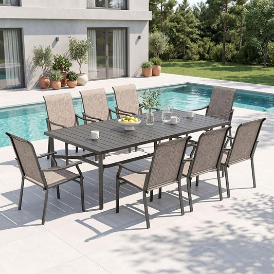 Sophia & William Outdoor Dining Set for 8 w/Metal Table & Textilene Chairs | 9 piece, Rectangle, Weather-resistant, Breathable & quick-drying, Umbrella hole, for patio deck backyard