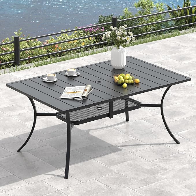 VICLLAX 8 Pieces Patio Dining Set with Wheat Umbrella, 6 Stakable Wicker Outdoor Chairs and Patio Rectangular Table with Umbrella Hole for Backyard Lawn Deck, Black Tabletop