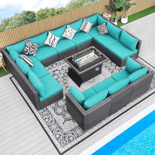 BULEXYARD 13 Piece High Back Outdoor Furniture Sets with Fire Pit, Luxury Patio Sectional Couch Sofa 12-Seater Modular, Comfortable Extra Large Wide Deep Backyard Seating Conversation Set, Grey & Teal