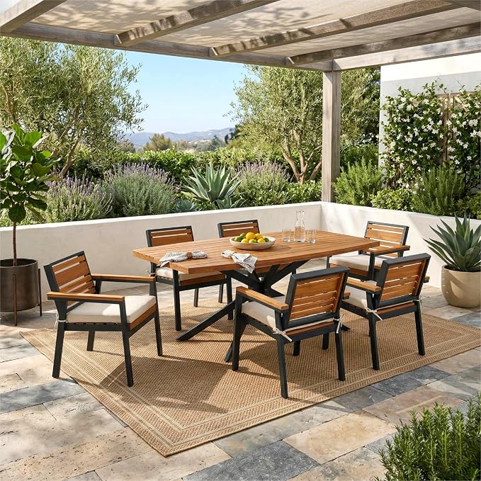 7 Pieces Metal Patio Dining Table Set with Acacia Wood, 74.8"L Dinner Table, 6 Chairs with Dual Layer Iron and Detachable Cushions, Outdoor or Indoor Furniture for Garden or Backyard, Black Beige