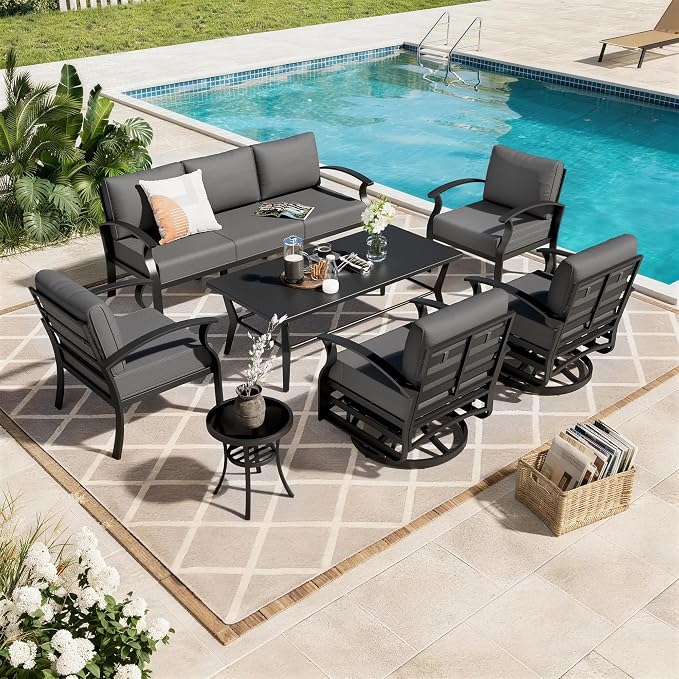 Aluminum Patio Furniture Set with Coffee Table,7 Seats Metal Modern Outdoor Furniture w/5.1" Thick Cushions, Sectional w/Swivel Chairs for Backyard,Grey
