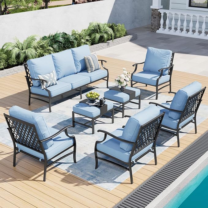 SUNSHINE VALLEY 7 Piece Metal Outdoor Patio Furniture Set, Patio Conversation Sets 1 3-seater Sofa, 4 Fixed Chair, 2 Ottomans with 5.75" Thick Cushion, Black All-weather Frame Backyard Furniture, Blue