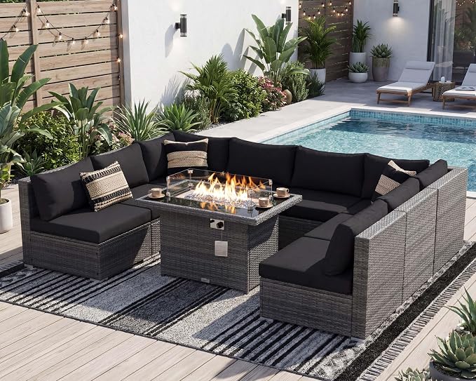 NICESOUL 9 Piece Extra Large Outdoor Patio Furniture Conversation Set with Fire Pit Natural Gas/Propane, 29.3'' High Back Modular Deep Seat Sectional Sofa Set for Outside, 2 Color Cushion Black&Gray