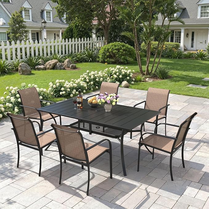 7 Pieces Patio Dining Set, 59" Rectangular Dining Table with Umbrella Hole, 6 Stackable Textile Fabric Chairs, Metal Structure for Patio, Porch, Garden(Black Table, Brown Chair)