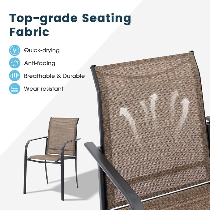 9 Pieces Patio Dining Set, 53" Round Dining Table with Umbrella Hole, 8 Stackable Textilene Fabric Chairs, Metal Structure for Patio, Porch, Garden(Walnut Table, Brown Chair)