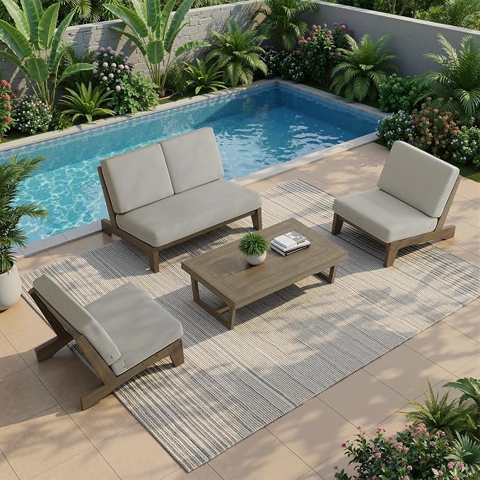 All Weather Patio Furniture Sets, 4 Pieces Teak Wood Outdoor Sectional Futniture Patio Sofa Chair Backyard Conversation Set with Solid Wooden Coffee Table - Light Camel
