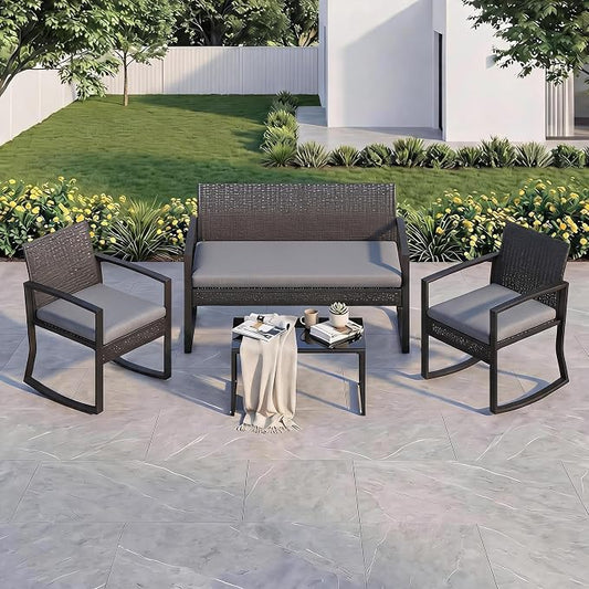 IDEALHOUSE Outside Patio Furniture Set, 4 Piece Outdoor Wicker Rocking Chair Conversation Set with Glass Coffee Table, PE Rattan Patio Furniture for Backyard, Porch, Patio, Poolside