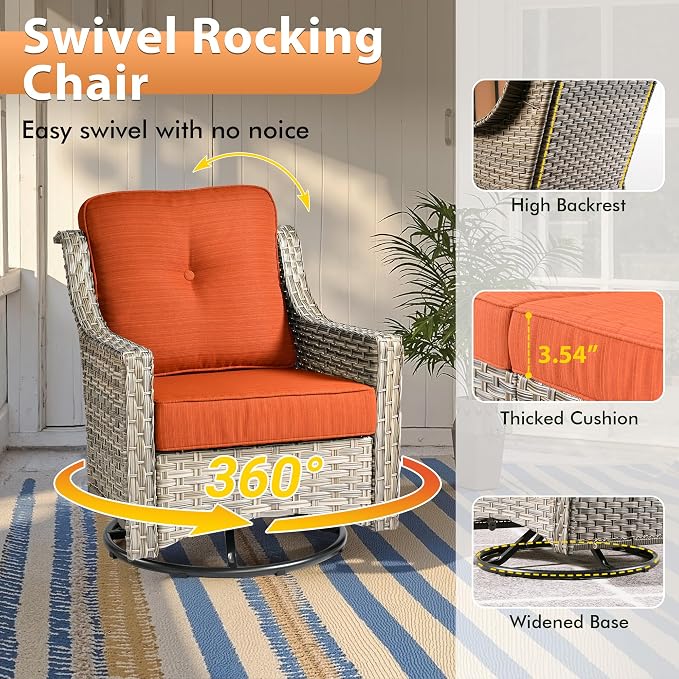 10 PCS Outdoor Patio Furniture Sets,Patio Conversation Sets Outside Rattan Soft Cushion Sofa with 4 Wicker Rocking Chairs&54 in Fire Pit Table Fit Backyard Garden Poolside Balcony,Coarse Stripes Red