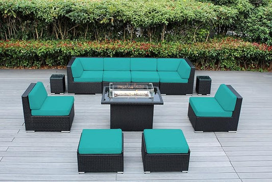 11 Piece Ohana Outdoor Patio Furniture Black Wicker Conversation Set with Fully Assembled Sectional and 42-inch Propane Gas Fire Table
