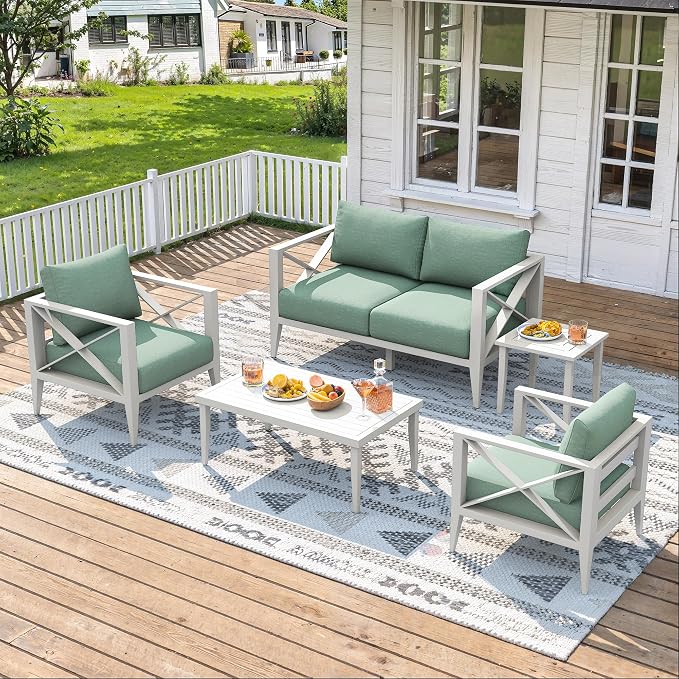 5-Piece Aluminum Patio Furniture Set, Oversized Outdoor Conversation Sofa Set with Coffee Table, White All-Weather Deep Seating, Rust-Proof Frame for Backyard, Deck, Porch, or Balcony
