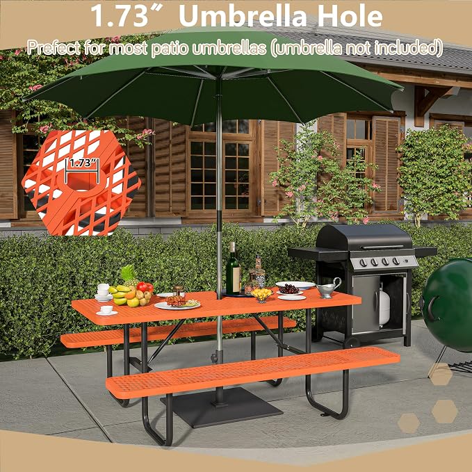 Coated Steel Heavy Duty Picnic Table for Outdoors 2200 lbs Load, Rectangular Camping Table with 1.78" Umbrella Hole, Commercial Picnic Table with Benches, Orange