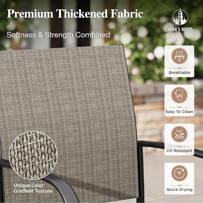 HERA'S HOUSE 7pc Outdoor Patio Dining Set for 6, Textilene Chairs, Brown | 60" rectangular metal table with umbrella hole. Waterproof, rust-resistant, all-weather for backyard, porch