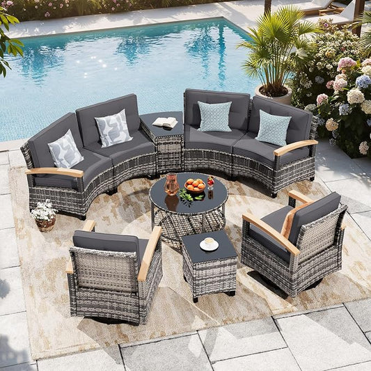MEISSALIVVE 9-Piece Half-Moon Curved Outdoor Patio Furniture Set, Sectional Conversation Sofa with 2 Swivel Glider Chairs, Coffee & Side Tables for Backyard Deck Garden, Grey