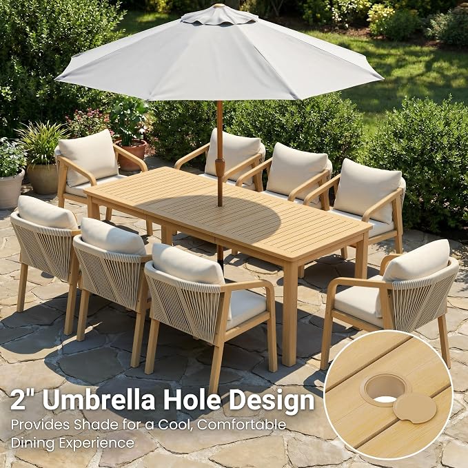 Wisteria Lane Acacia Outdoor Dining Table, 69"×32" Patio Dining Table with Umbrella Hole, All-Weather Solid Wood Outdoor Patio Table for Deck, Garden, Poolside, Lawn