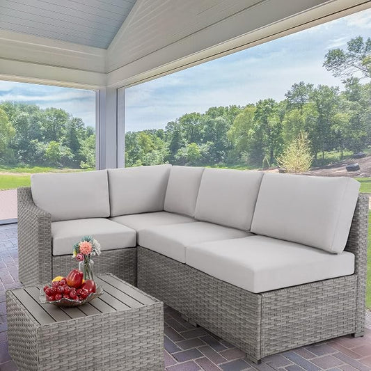 HAPPATIO 5 Piece Patio Conversation Set,All-Weather Patio Furniture Set,Outside Patio Furniture,4 Piece Outdoor sectional,PE Rattan Wicker Outdoor Sectional Sofa.(Grey/Beige)